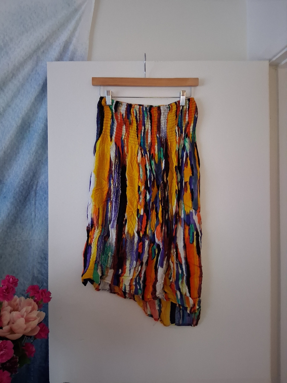 Asymmetrical Multi-Color Crinkle Midi Skirt - Yellow Multi